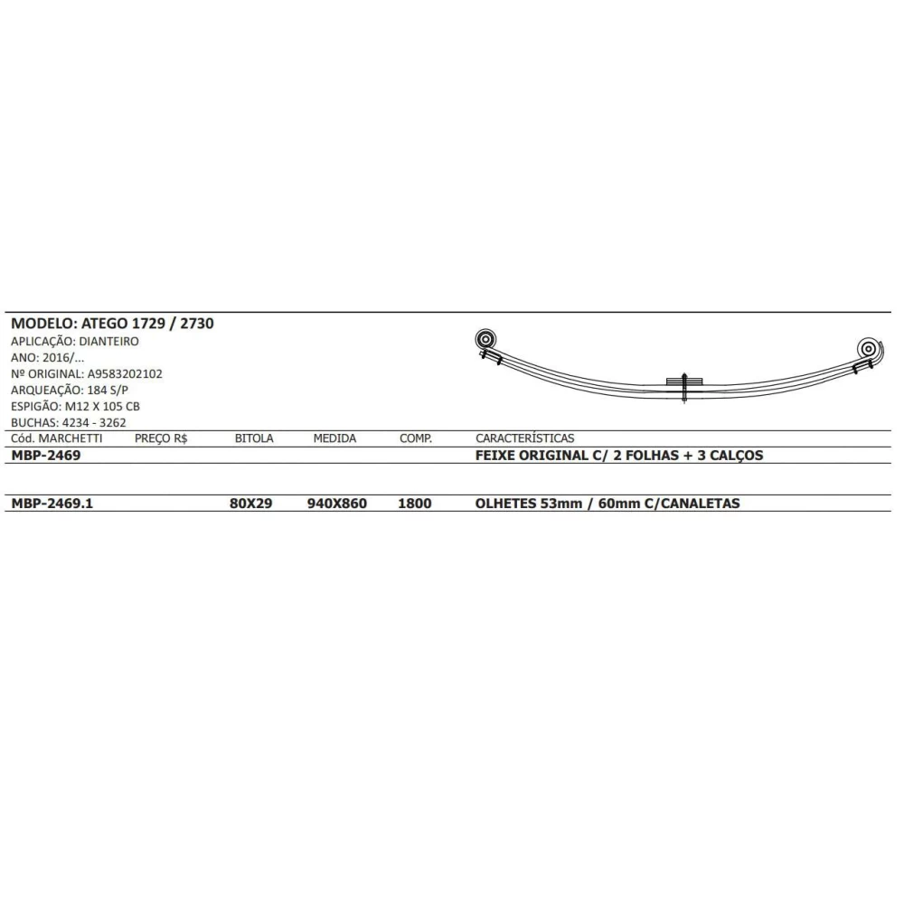 MOLA MESTRE PARABÓLICA MBP-2469.1 - DIANTEIRA MERCEDES BENZ ATEGO 1729/2730