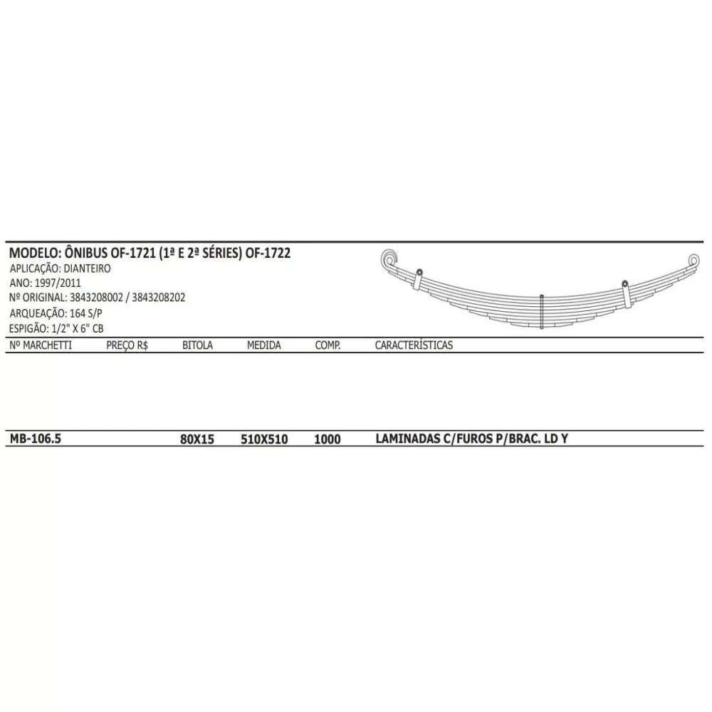 Mola Mestre Convencional MB-106.5 Quinta Mola Dianteira Ônibus Mercedes-Benz OF1721 e OF1722